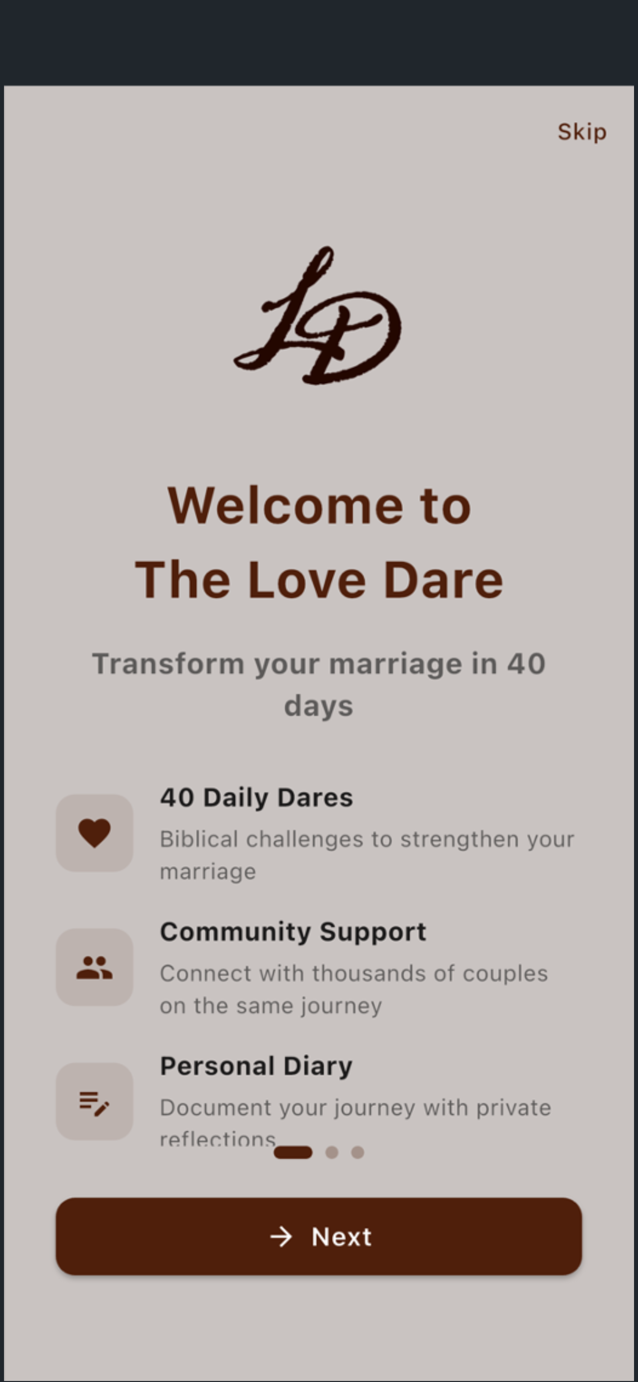 The Love Dare App welcome screen