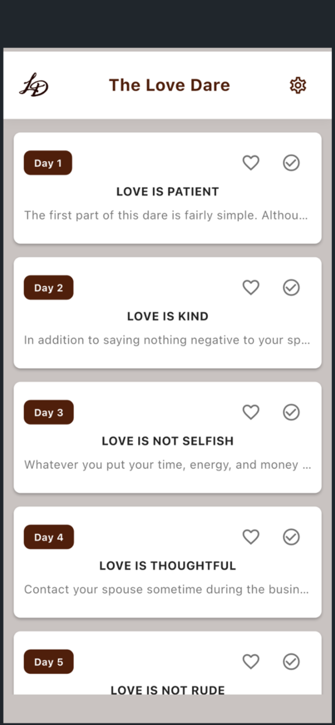 The Love Dare App daily challenge screen