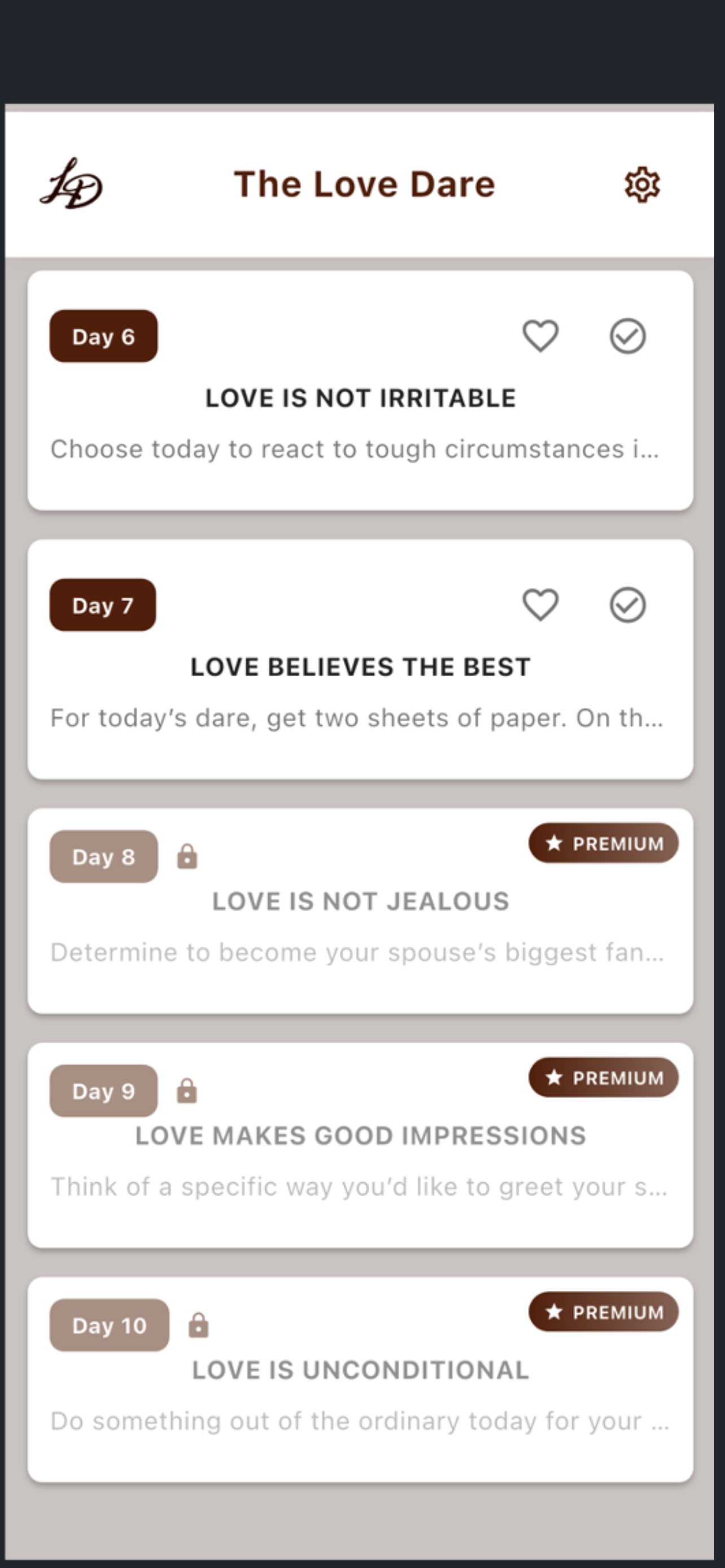 The Love Dare App personal diary screen