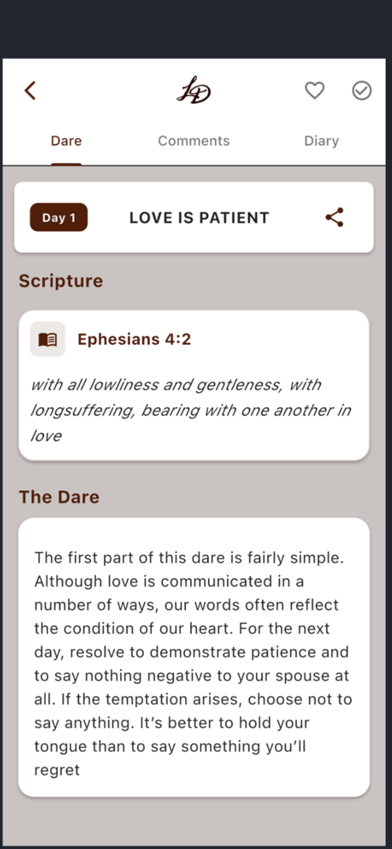 The Love Dare App community screen